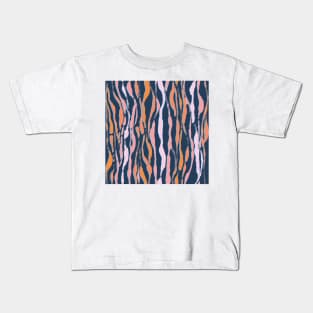 animal print - orange and pink striped tiger-zebra on a blue background Kids T-Shirt